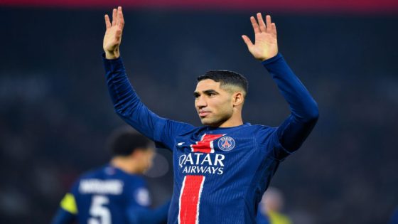 PARIS, FRANCE - NOVEMBER 30: Achraf Hakimi of PSG celebrates after scoring his team's first goal during the Ligue 1 match between Paris Saint-Germain FC and FC Nantes at Parc des Princes on November 30, 2024 in Paris, France. (Photo by Franco Arland/Getty Images)